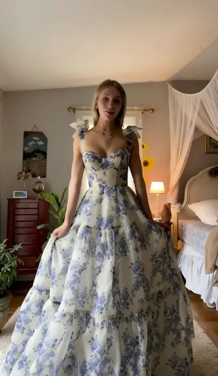 Blue Floral Print Tiered Tulle Lace Up Back Maxi Evening Dresses