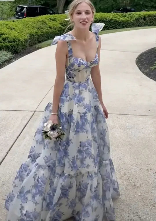 Blue Floral Print Tiered Tulle Lace Up Back Maxi Evening Dresses