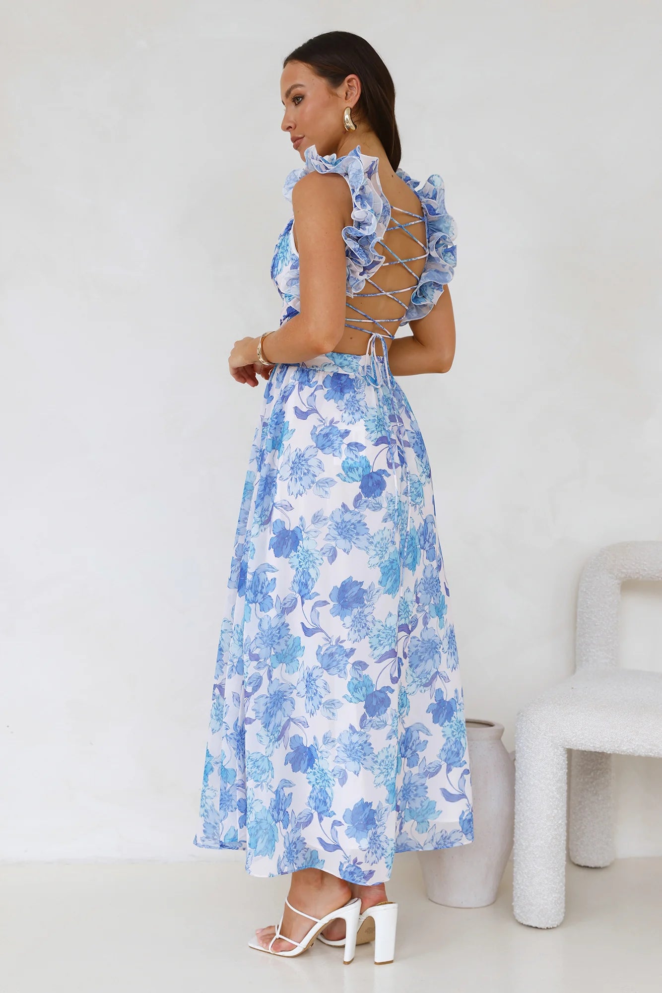 Blue Floral Ruffle Lace Up Cutout Maxi Evening Dresses