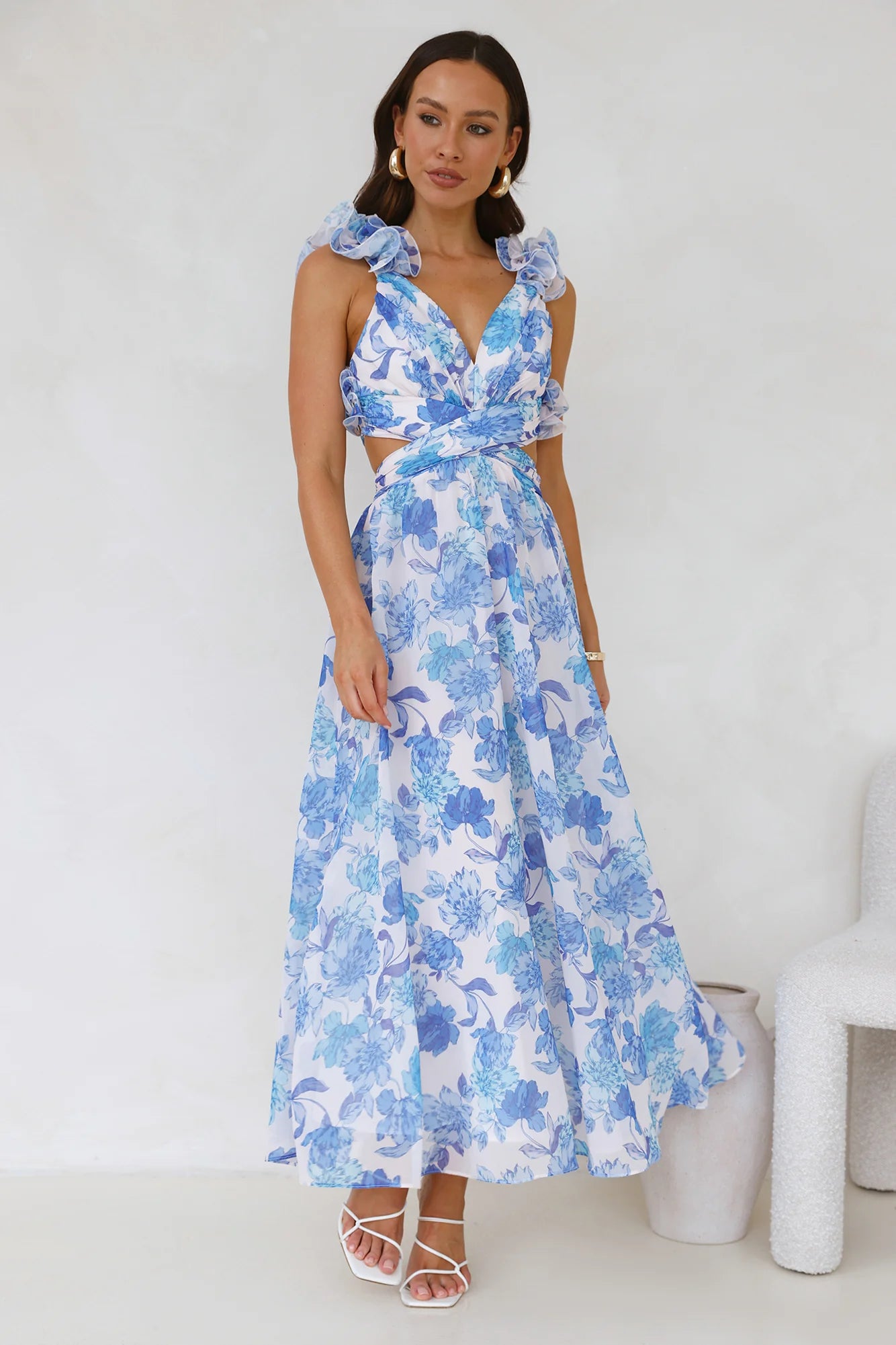 Blue Floral Ruffle Lace Up Cutout Maxi Evening Dresses