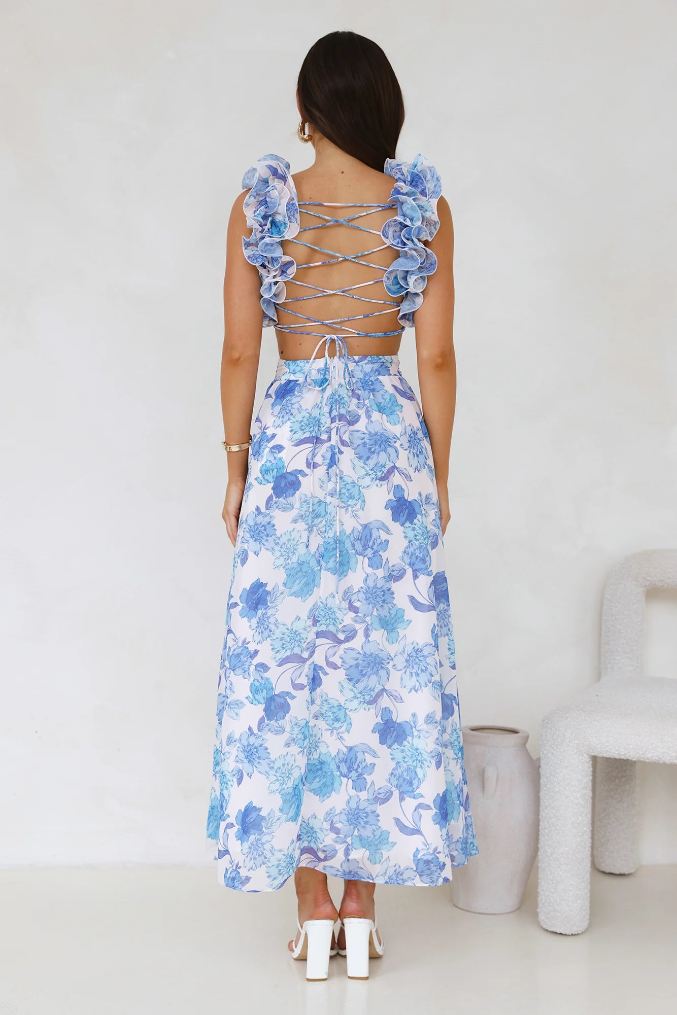 Blue Floral Ruffle Lace Up Cutout Maxi Evening Dresses