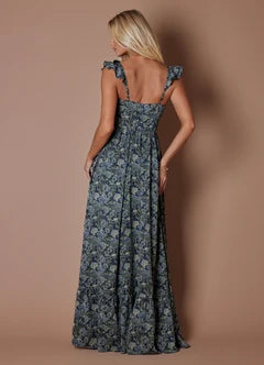 Blue Floral Ruffle Strap Sweetheart Neck High Slit Maxi Evening Dresses