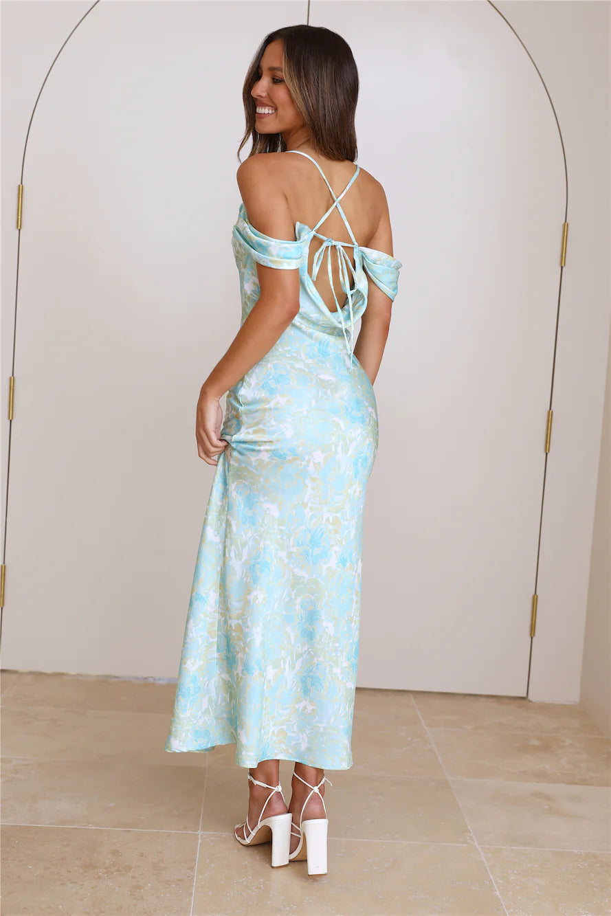 Blue Floral Satin Off-Shoulder Midi Evening Dresses