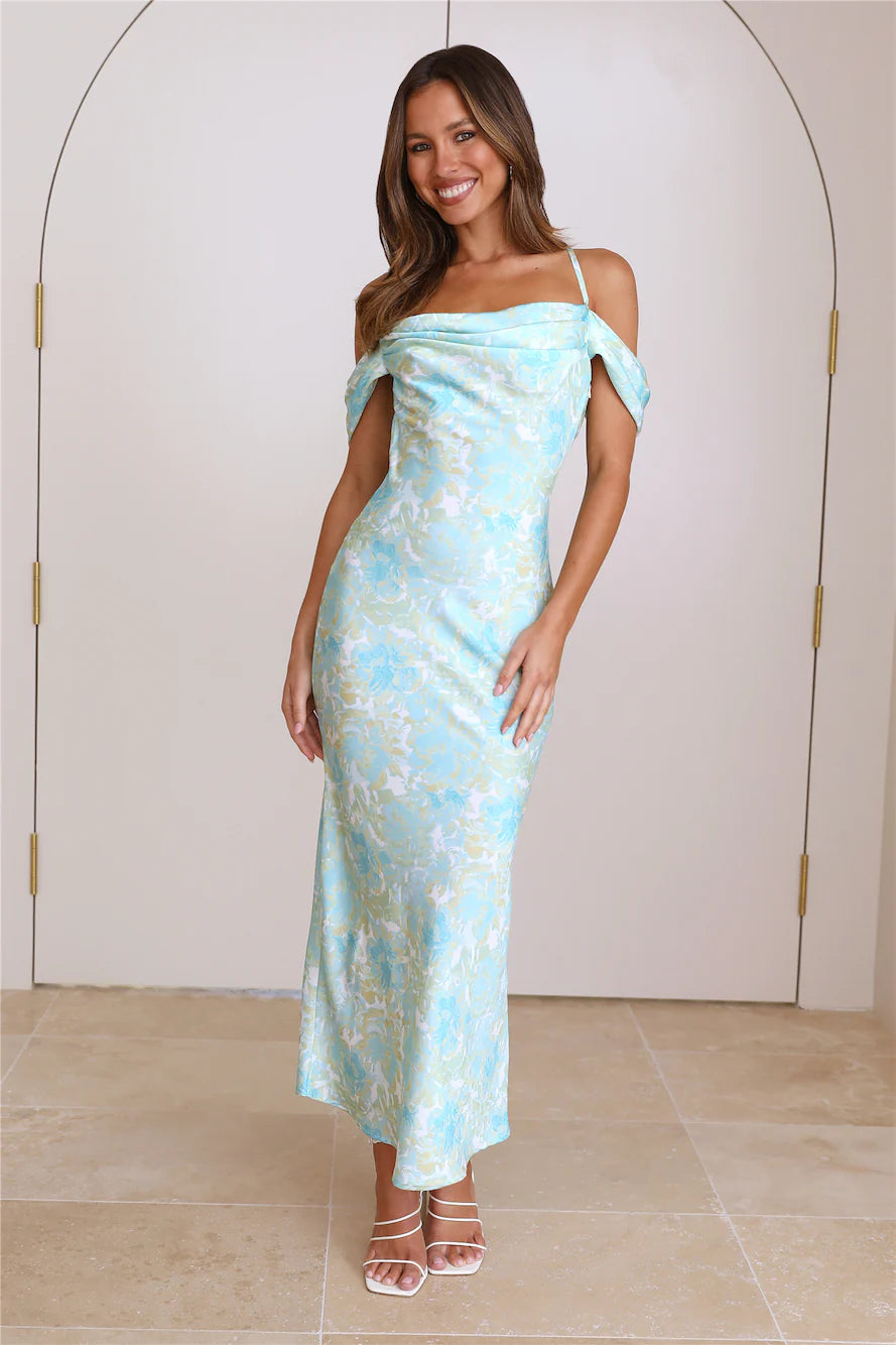 Blue Floral Satin Off-Shoulder Midi Evening Dresses