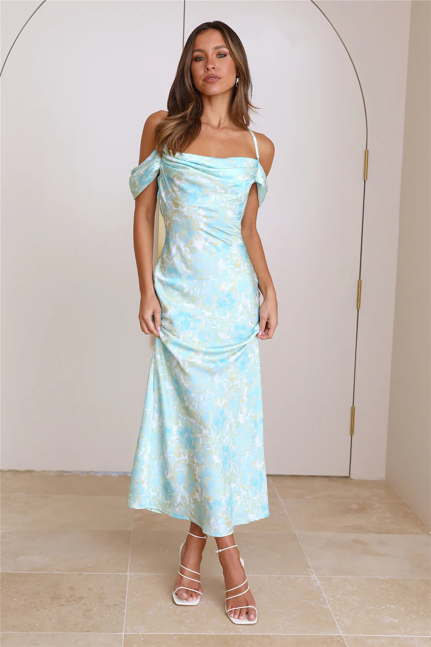 Blue Floral Satin Off-Shoulder Midi Evening Dresses