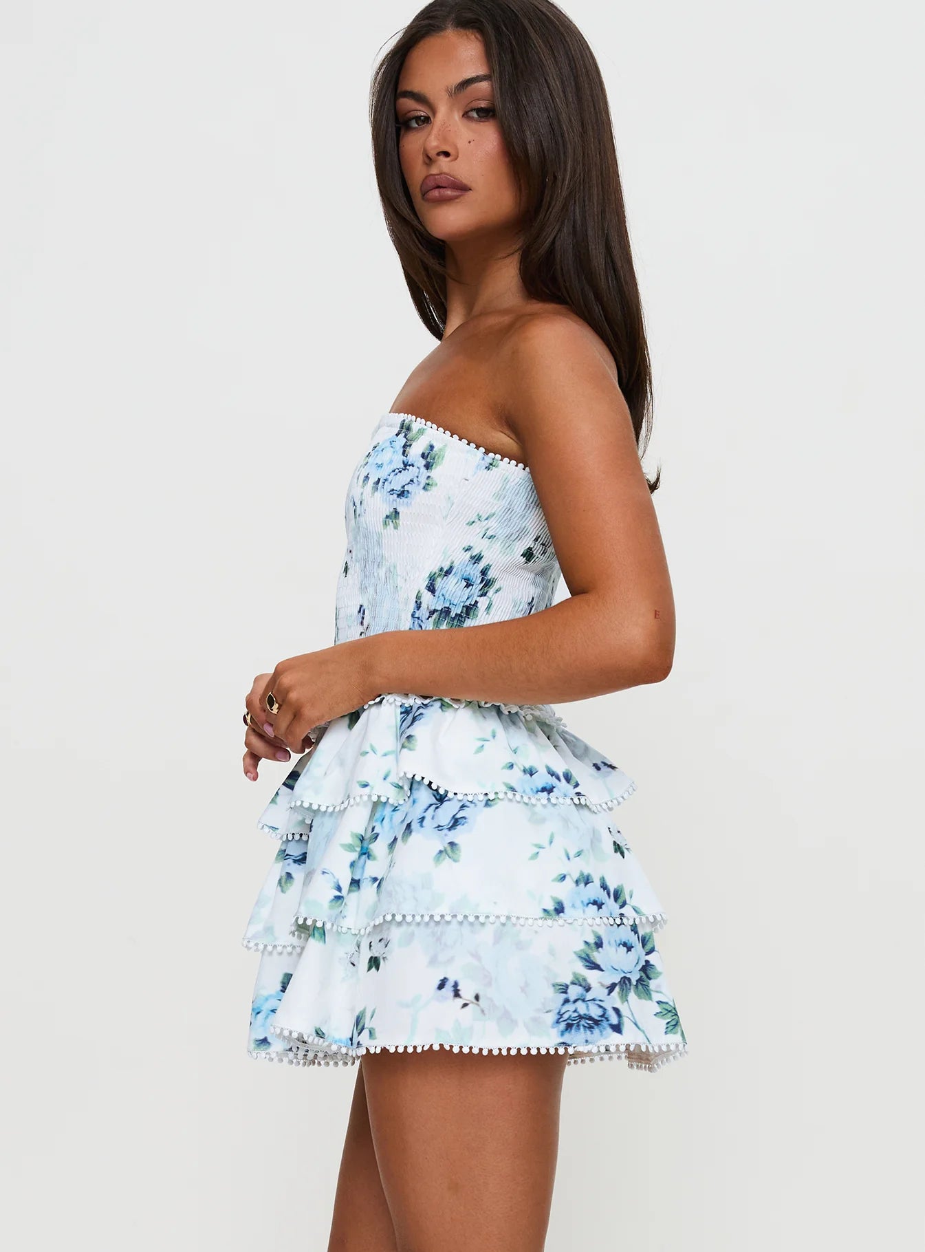 Blue Floral Strapless Smocked Tiered A-Line Mini Evening Dresses
