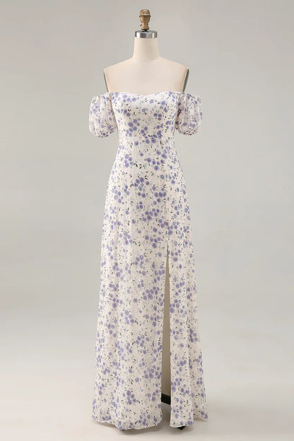 Blue Flower A-Line Off The Shoulder Chiffon Long Bridesmaid Dress with Slit