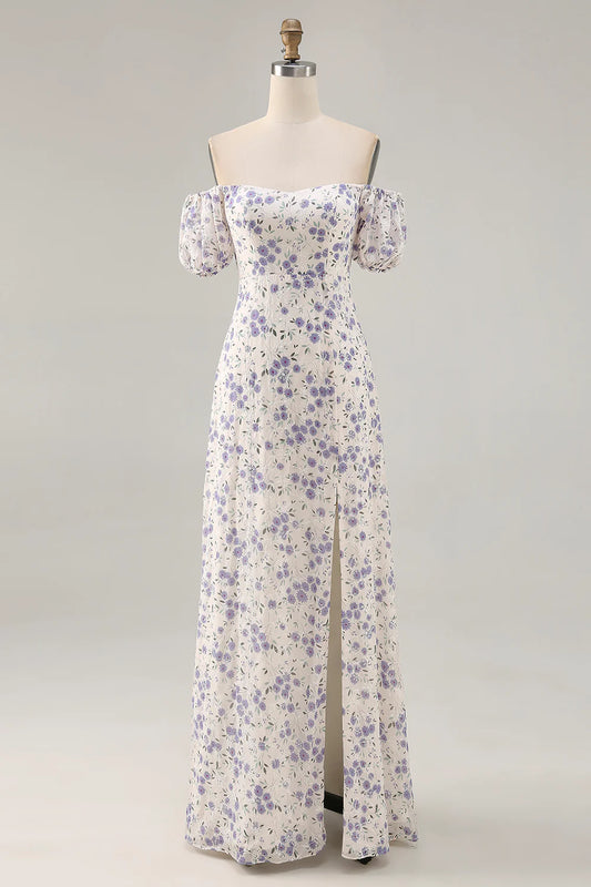 Blue Flower A-Line Off The Shoulder Chiffon Long Bridesmaid Dress with Slit