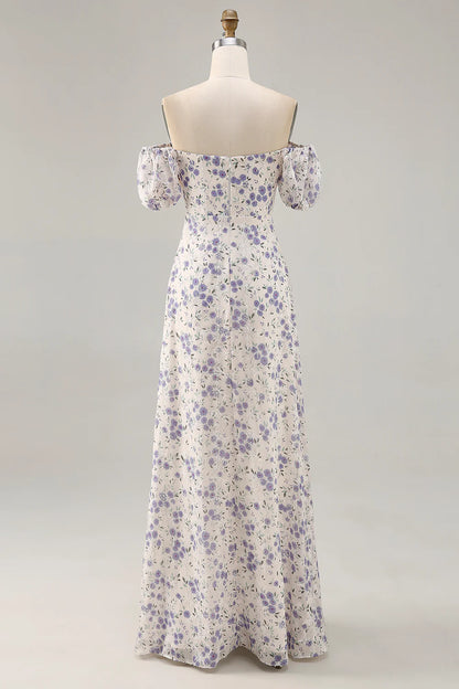 Blue Flower A-Line Off The Shoulder Chiffon Long Bridesmaid Dress with Slit