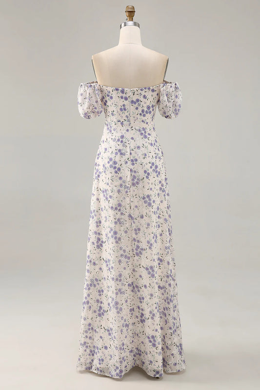 Blue Flower A-Line Off The Shoulder Chiffon Long Bridesmaid Dress with Slit