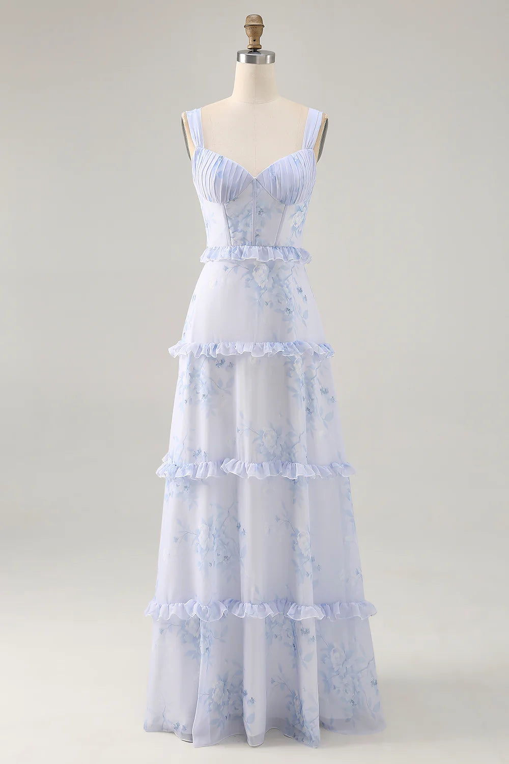 Blue Flower A-Line Printed Long Bridesmaid Dress with Lace Up Back