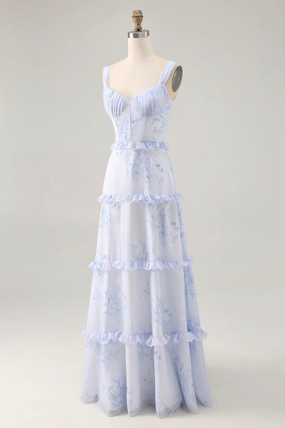 Blue Flower A-Line Printed Long Bridesmaid Dress with Lace Up Back