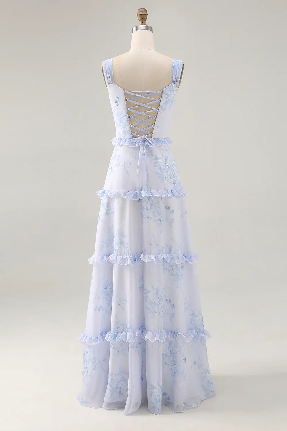 Blue Flower A-Line Printed Long Bridesmaid Dress with Lace Up Back