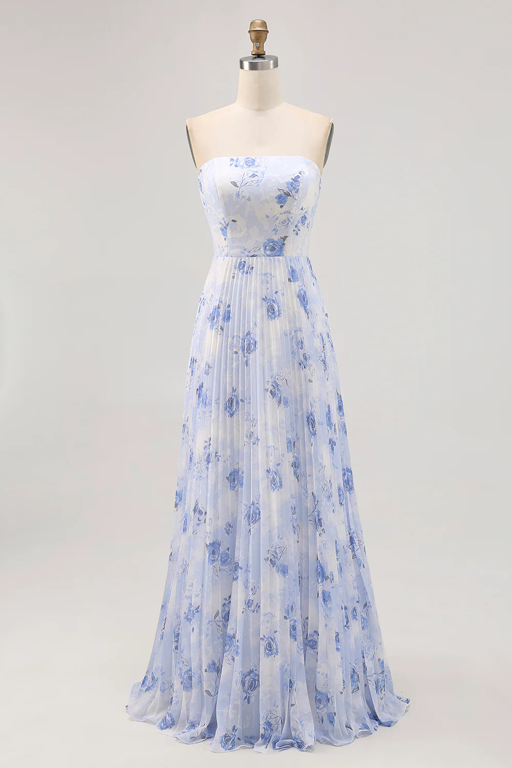 Blue Flower A-Line Strapless Pleated Printed Bridesmaid Dress