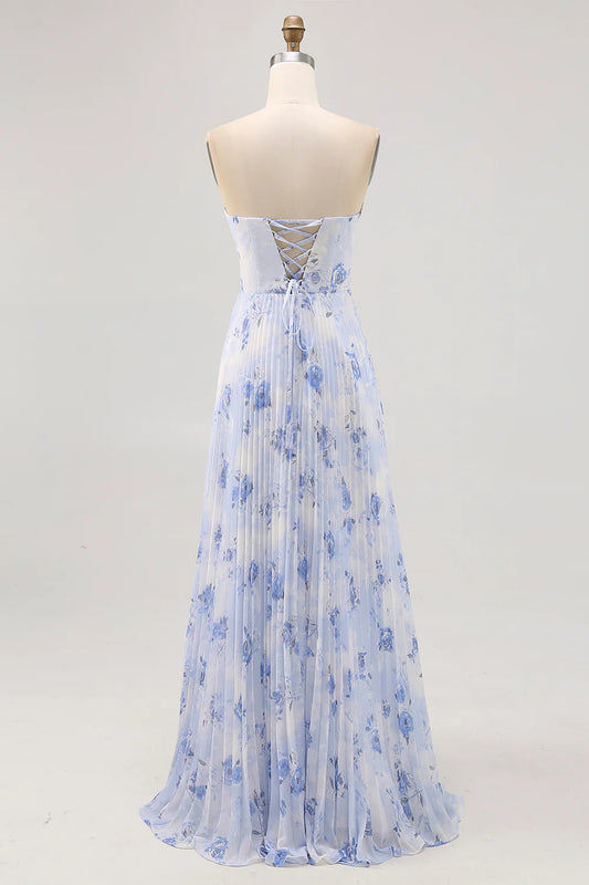 Blue Flower A-Line Strapless Pleated Printed Bridesmaid Dress