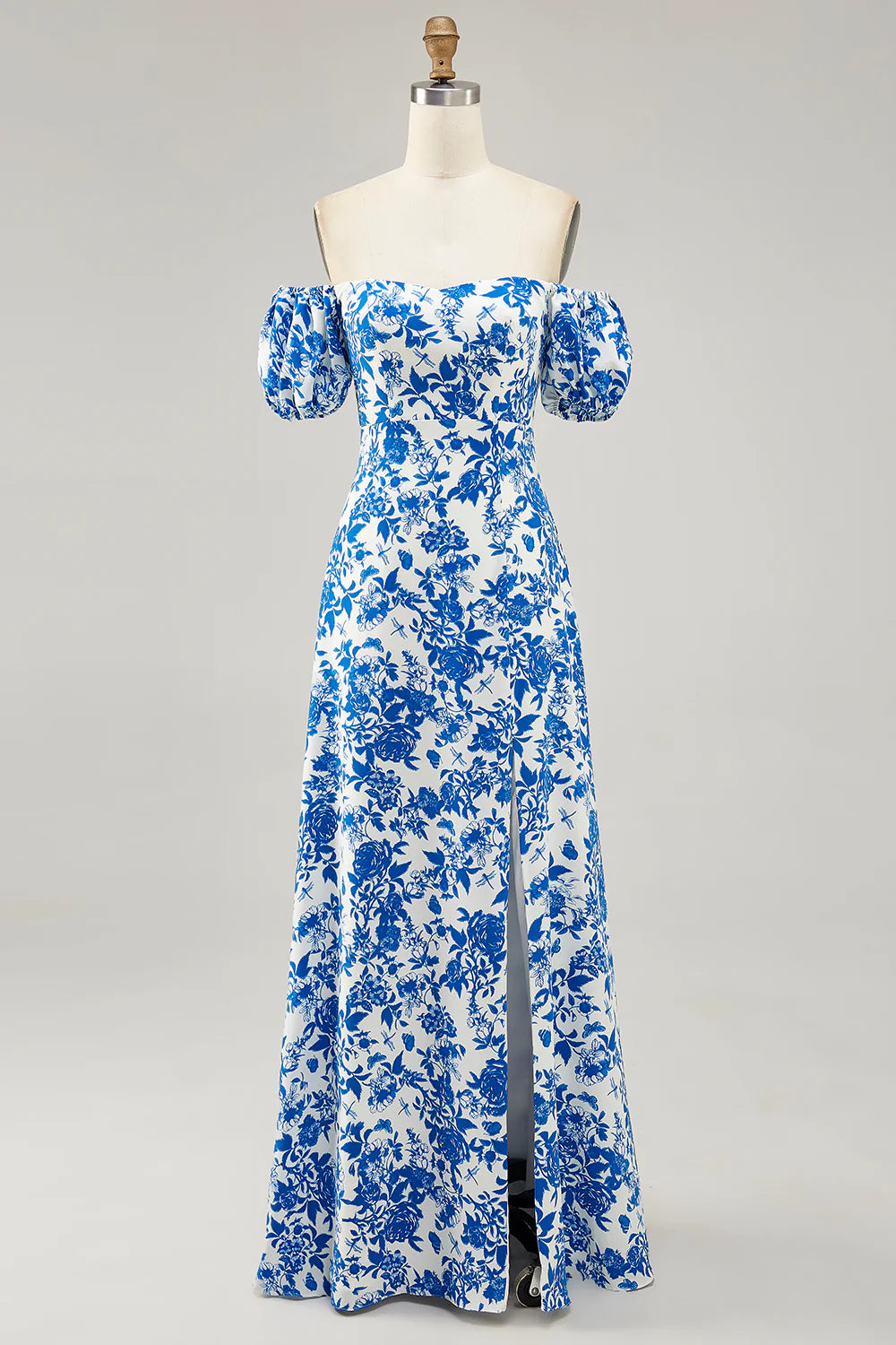 Blue Flower A-line Off The Shoulder Long Wedding Guest Dress with Slit