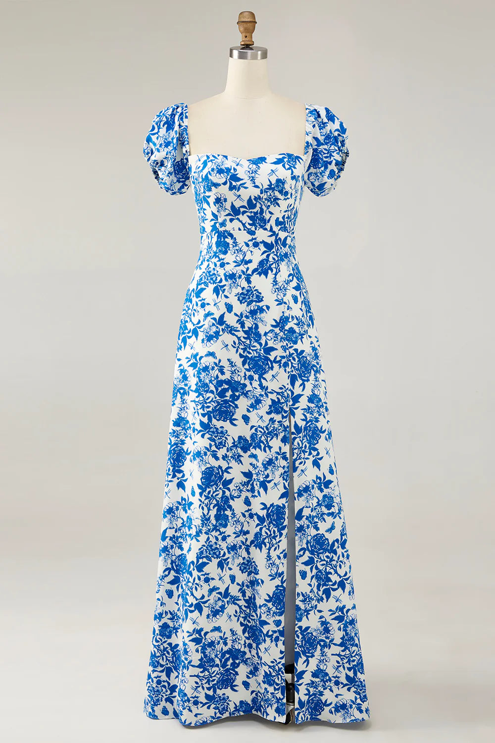 Blue Flower A-line Off The Shoulder Long Wedding Guest Dress with Slit