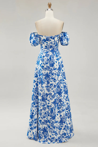 Blue Flower A-line Off The Shoulder Long Wedding Guest Dress with Slit