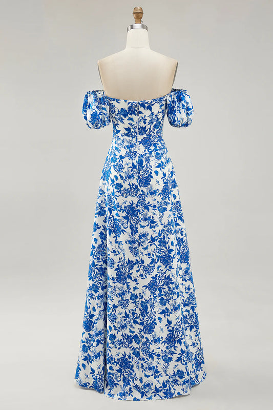 Blue Flower A-line Off The Shoulder Long Wedding Guest Dress with Slit