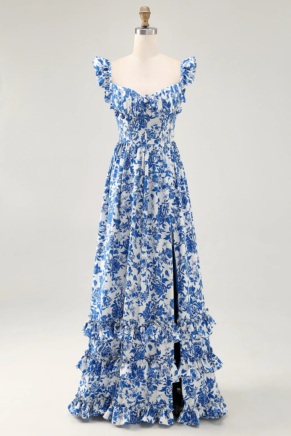 Blue Flower A-line Off The Shoulder Ruched Long Bridesmaid Dress with Slit