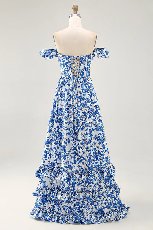 Blue Flower A-line Off The Shoulder Ruched Long Bridesmaid Dress with Slit