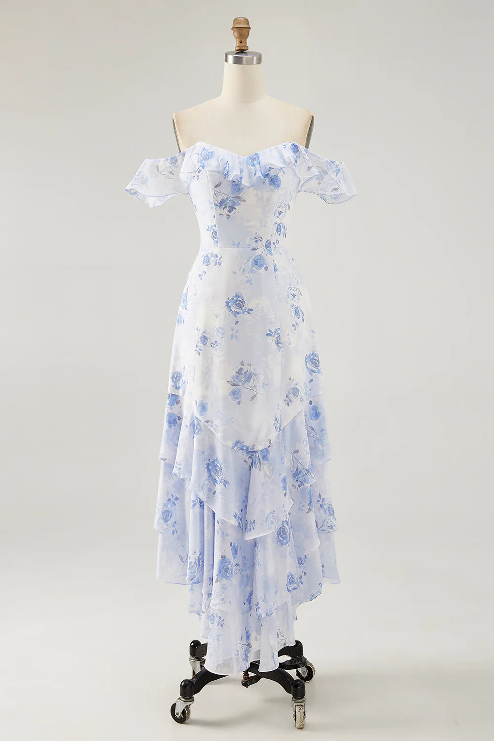 Blue Flower A-line Off The Shoulder Ruffled Midi Dress with Lace Up Back
