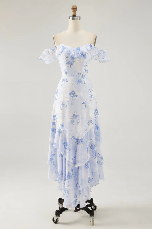 Blue Flower A-line Off The Shoulder Ruffled Midi Dress with Lace Up Back