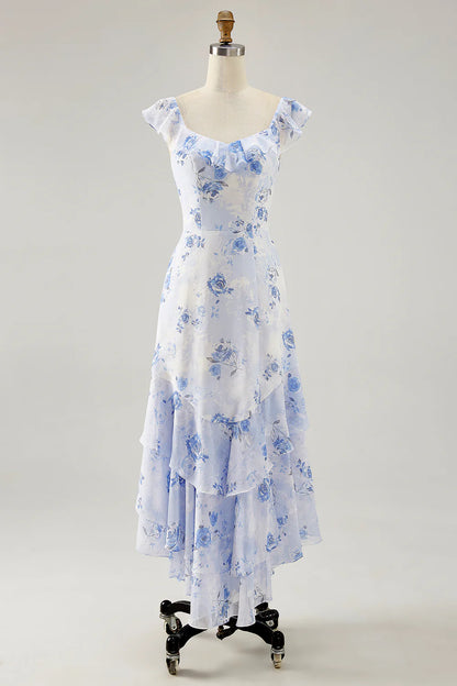 Blue Flower A-line Off The Shoulder Ruffled Midi Dress with Lace Up Back