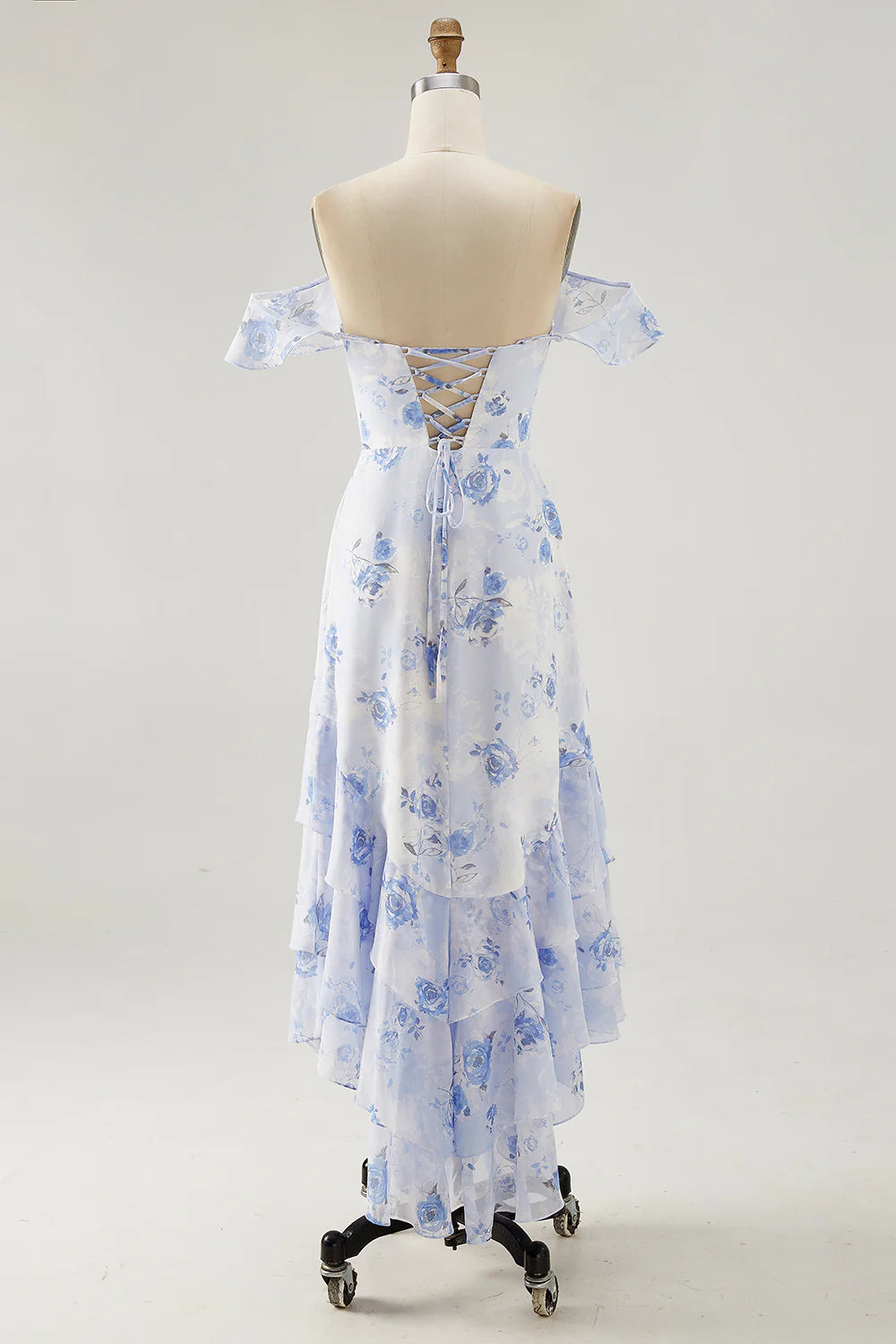 Blue Flower A-line Off The Shoulder Ruffled Midi Dress with Lace Up Back
