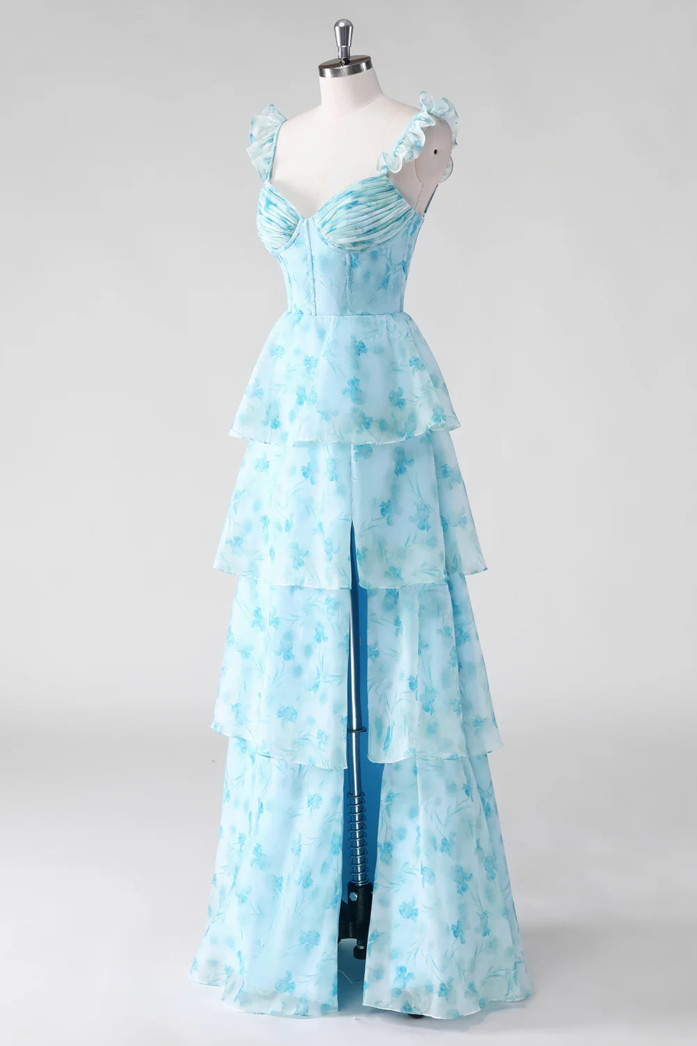 Blue Flower A Line Spaghetti Straps Tiered Floor Length Dress with Slit
