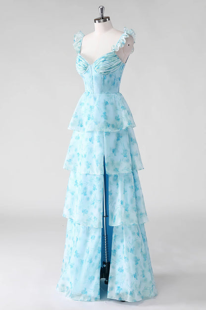 Blue Flower A Line Spaghetti Straps Tiered Floor Length Dress with Slit