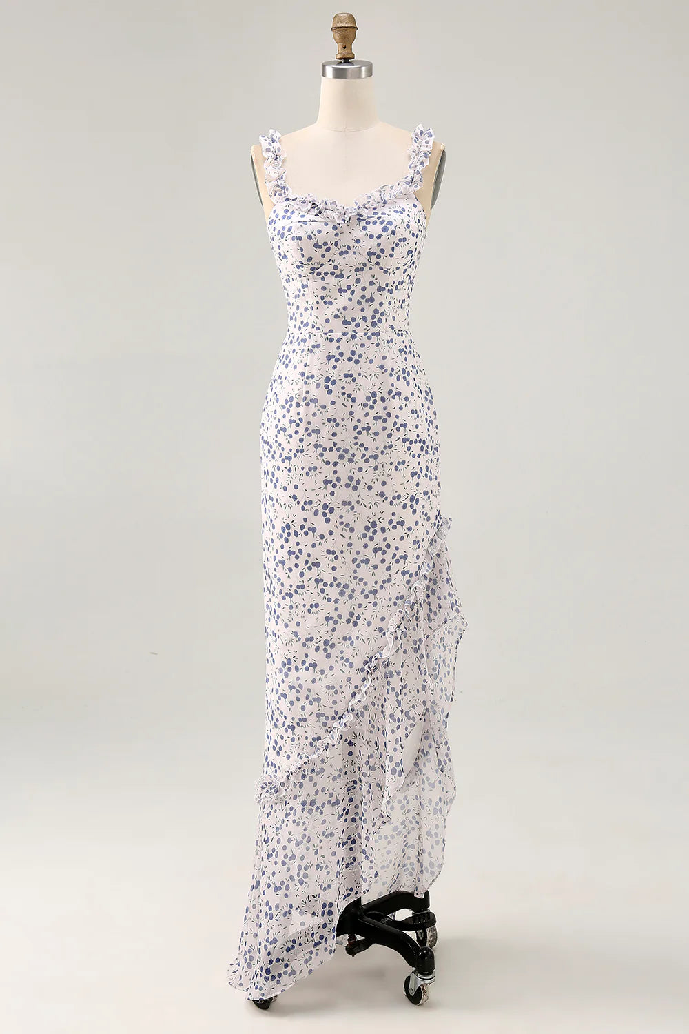 Blue Flower Sheath Chiffon Bridesmaid Dress with Ruffled Slit