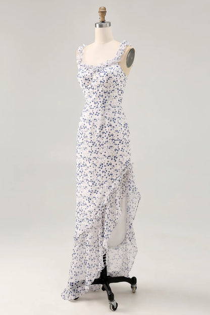 Blue Flower Sheath Chiffon Bridesmaid Dress with Ruffled Slit