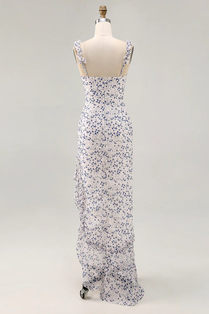 Blue Flower Sheath Chiffon Bridesmaid Dress with Ruffled Slit