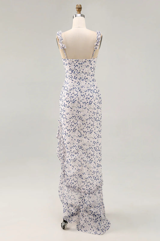 Blue Flower Sheath Chiffon Bridesmaid Dress with Ruffled Slit