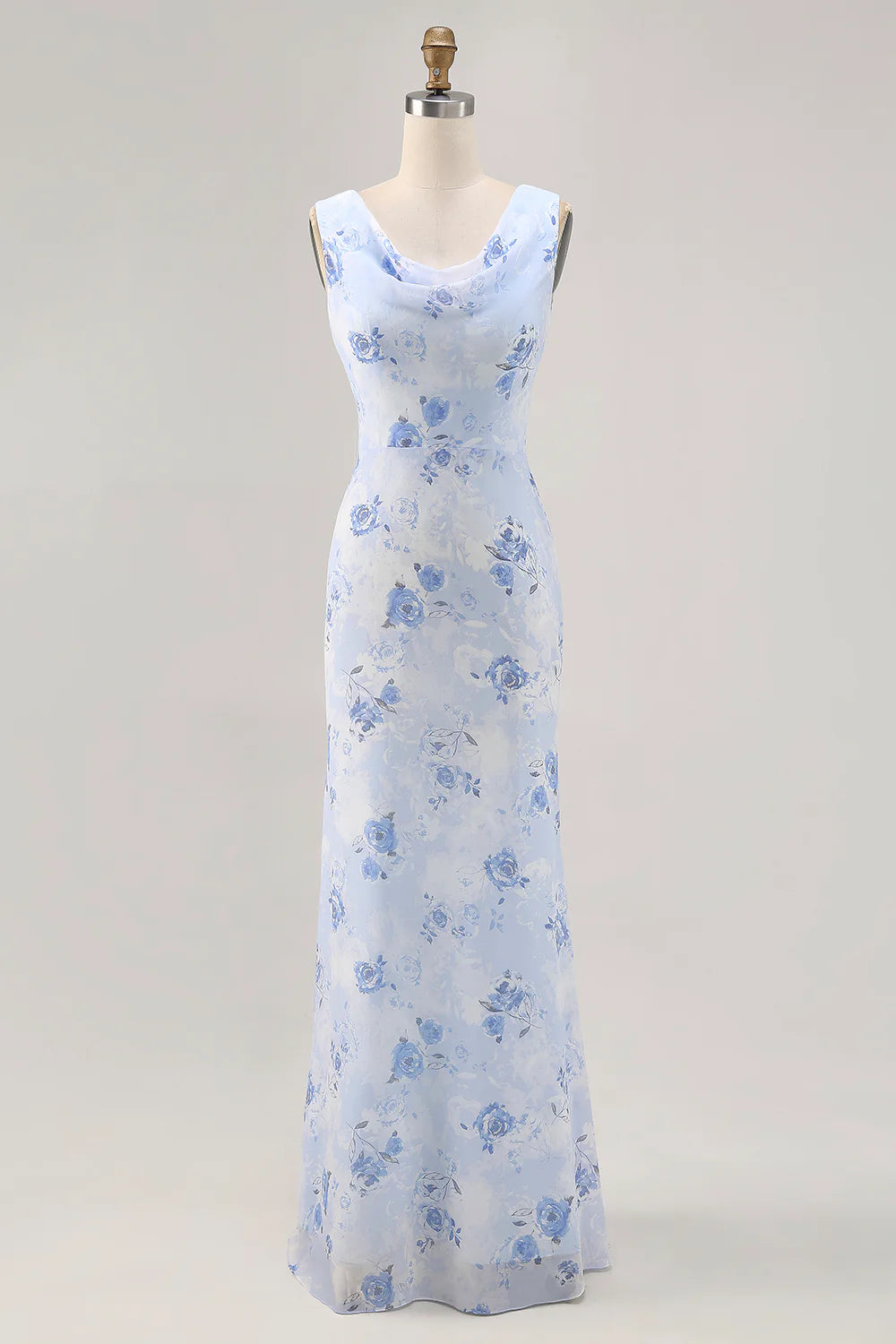 Blue Flower Sheath Long Printed Wedding Guest Dress