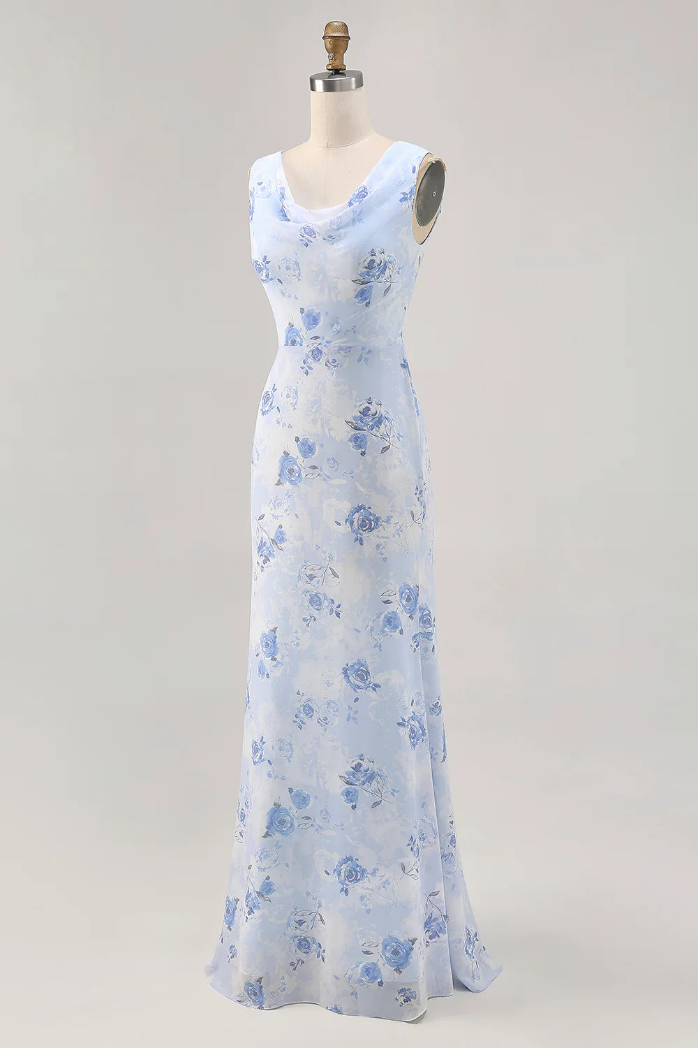 Blue Flower Sheath Long Printed Wedding Guest Dress