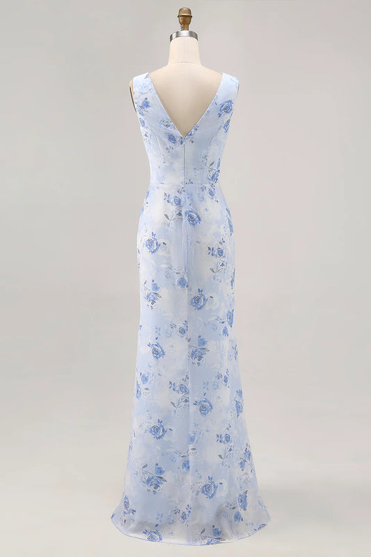 Blue Flower Sheath Long Printed Wedding Guest Dress