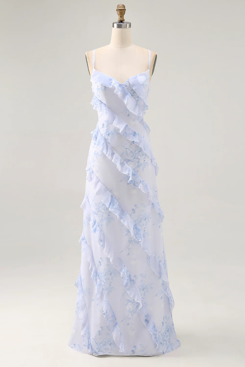 Blue Flower Sheath Printed Long Bridesmaid Dress with Lace Up Back