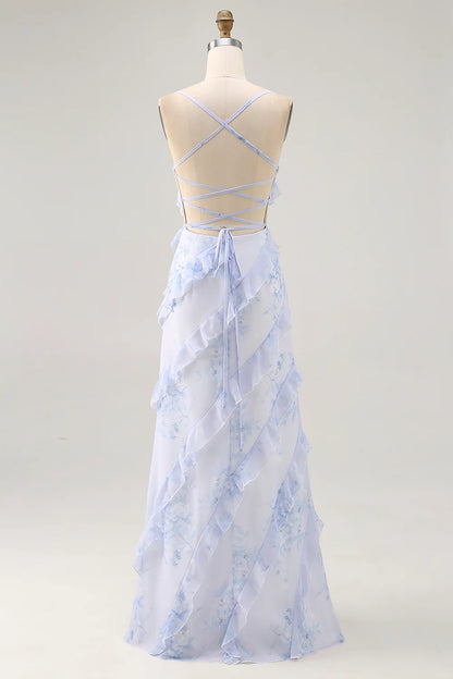 Blue Flower Sheath Printed Long Bridesmaid Dress with Lace Up Back
