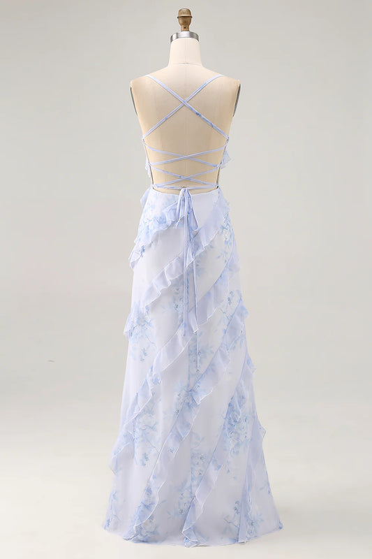 Blue Flower Sheath Printed Long Bridesmaid Dress with Lace Up Back