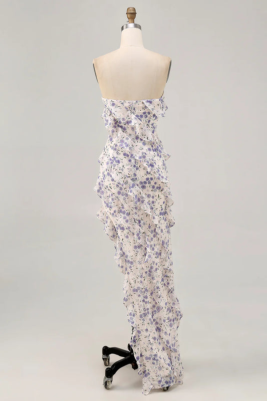 Blue Flower Sheath Strapless Printed Ruffled Wedding Guest Dress