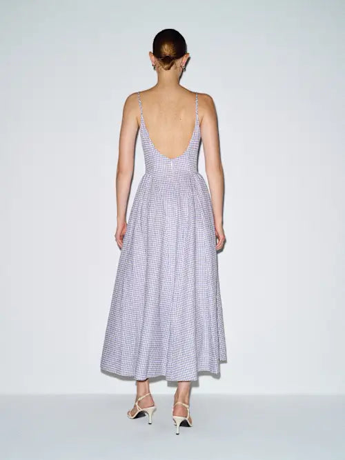 Blue Gingham Square Neck Spaghetti Strap Open Back Prom Dress