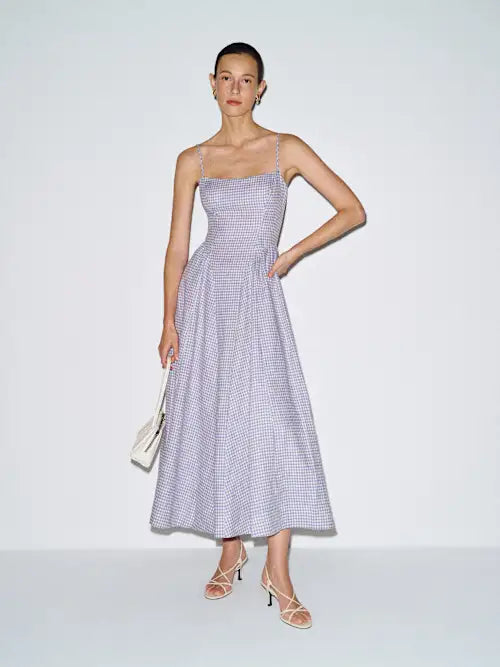 Blue Gingham Square Neck Spaghetti Strap Open Back Prom Dress