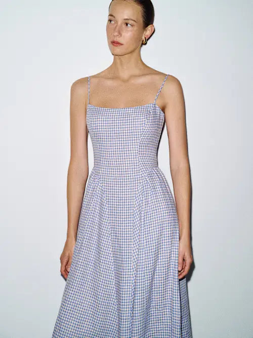 Blue Gingham Square Neck Spaghetti Strap Open Back Prom Dress