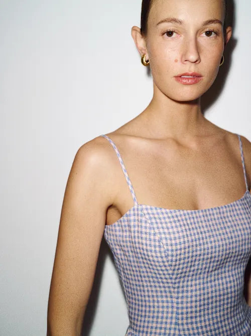 Blue Gingham Square Neck Spaghetti Strap Open Back Prom Dress