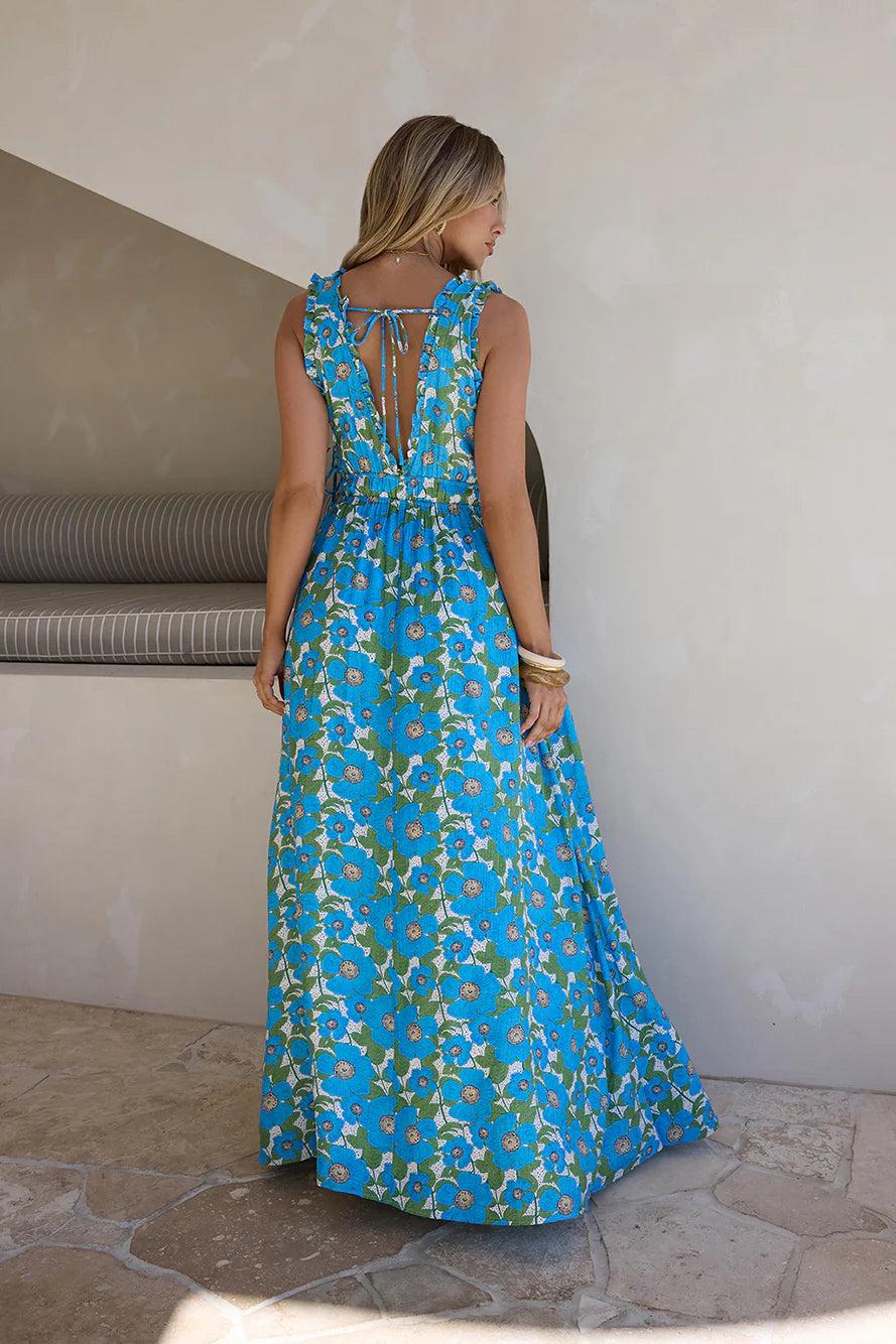 Blue Green Floral V-Neck Ruffle Strap Maxi Evening Dresses with Tie Back