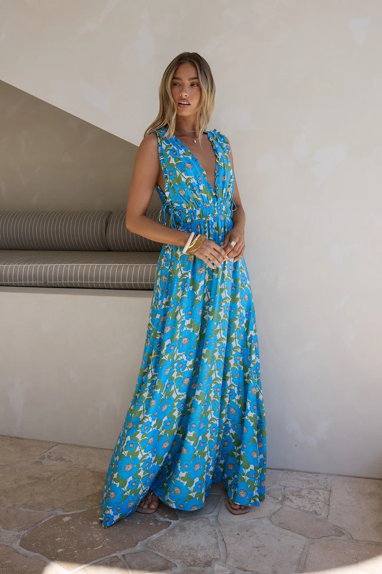 Blue Green Floral V-Neck Ruffle Strap Maxi Evening Dresses with Tie Back