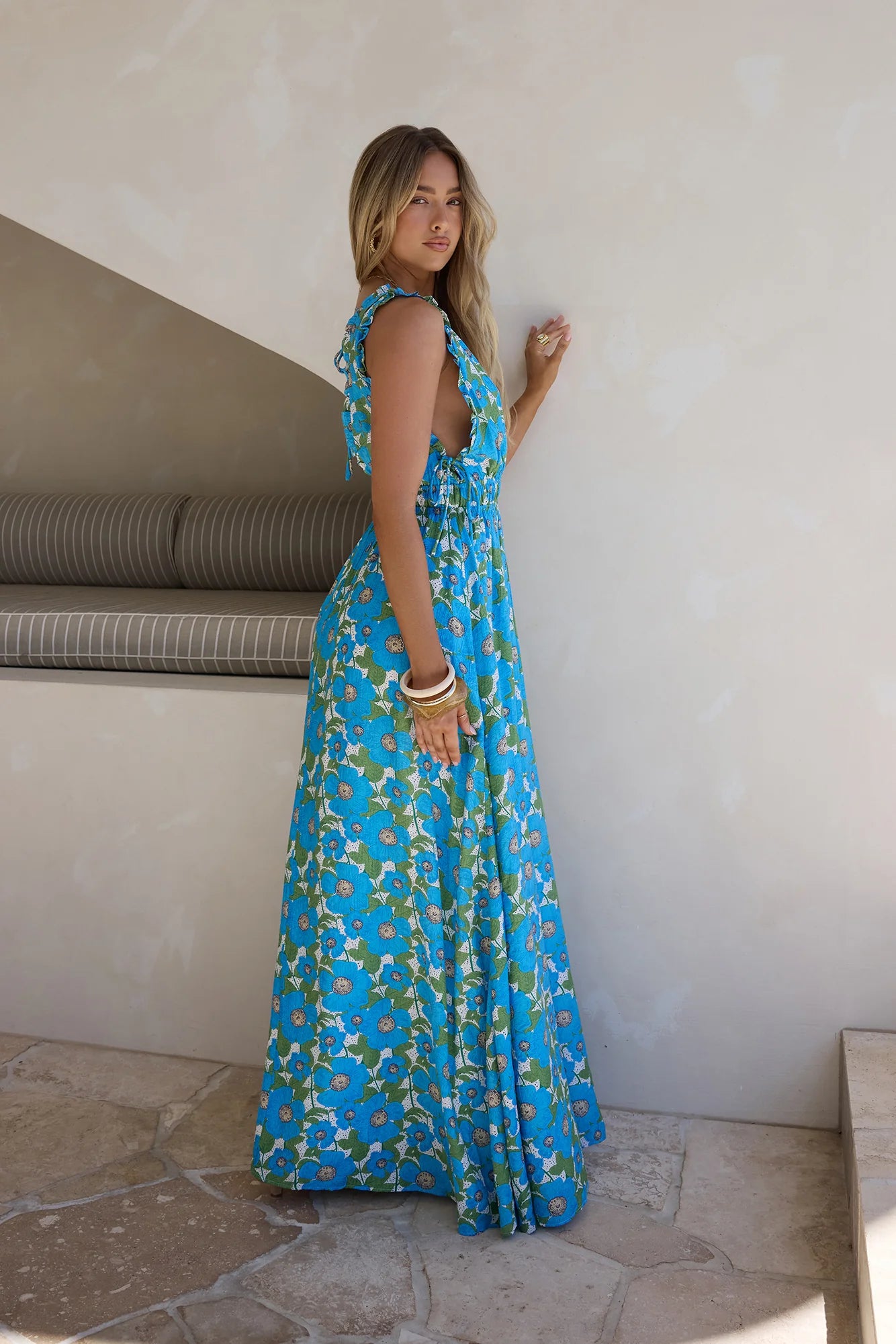 Blue Green Floral V-Neck Ruffle Strap Maxi Evening Dresses with Tie Back