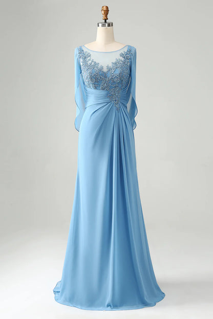 Blue Mermaid Beaded Cap Sleeves Mother of the Bride Dress with Appliques